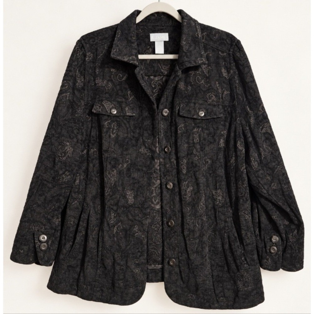 Black Paisley Jacquard Jacket 1X 18/20W Whimsigoth Boho Art To Wear Button Front